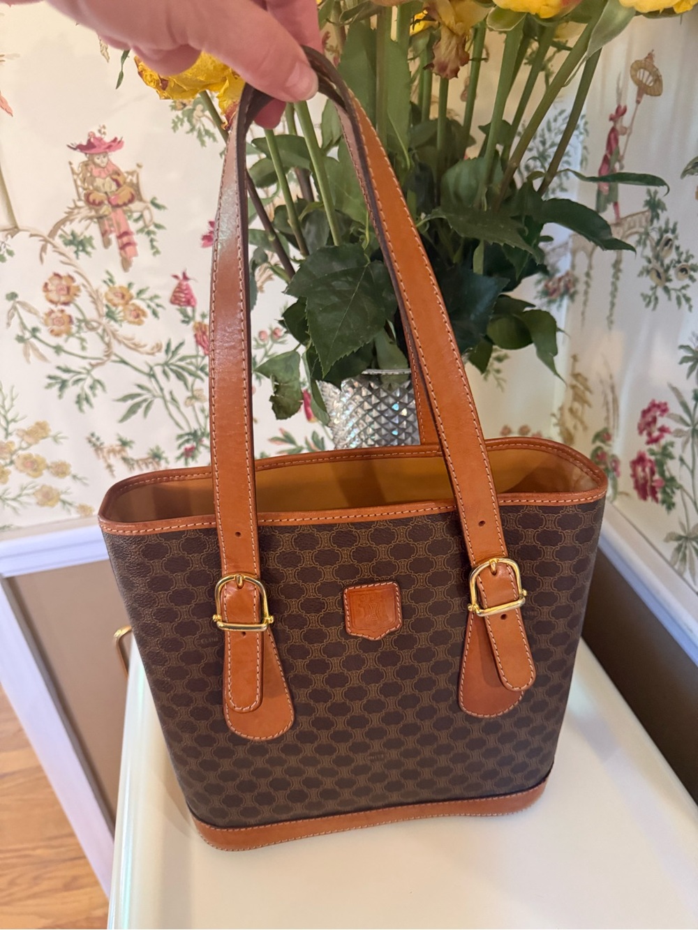 Celine Triomphe Brown Patterned Tote with Tan Leather Trim